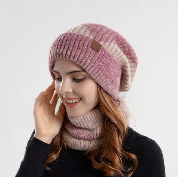 2pcs Knitted Hat Suit With Scarf Winter Two-color Hat And Thick Warm Earflaps Wool Scarf - PULSE MART