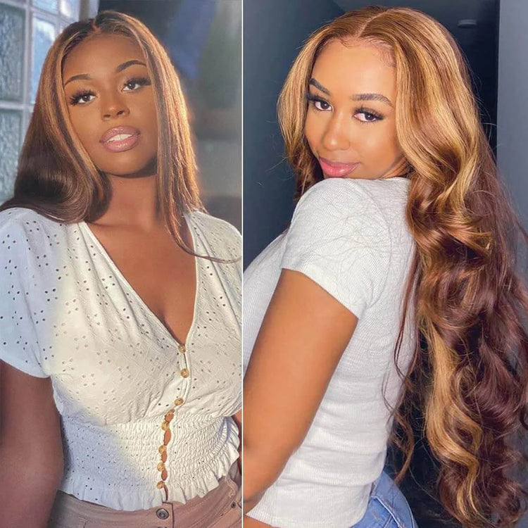 4x4 Lace Closure Human Hair Wig Highlight P4 27 Body Wave Density - PULSE MART