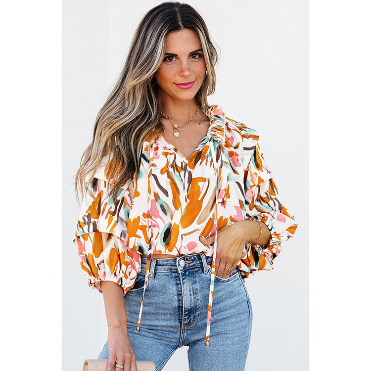 European And American Fashion Colorblock Printed V-neck Chiffon Shirt Women - PULSE MART