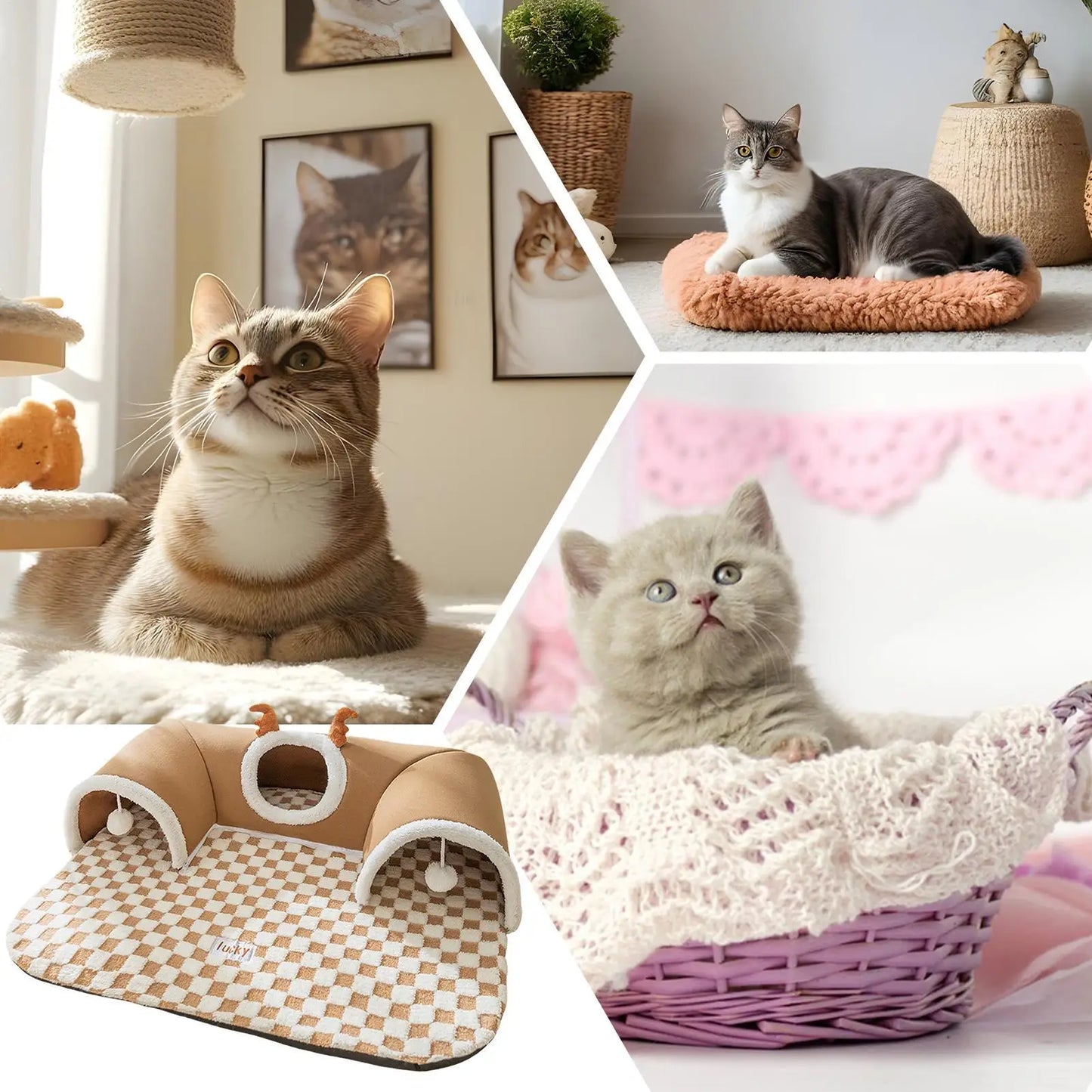 2-in-1 Cat Bed & Play Tunnel - Foldable Winter Hideaway Tent with Plush Mat
