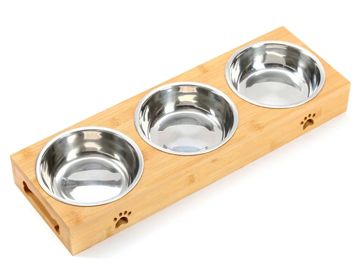 Ceramic Elevated Double Pet Bowls - Bamboo Wooden Stand for Cats & Small Dogs