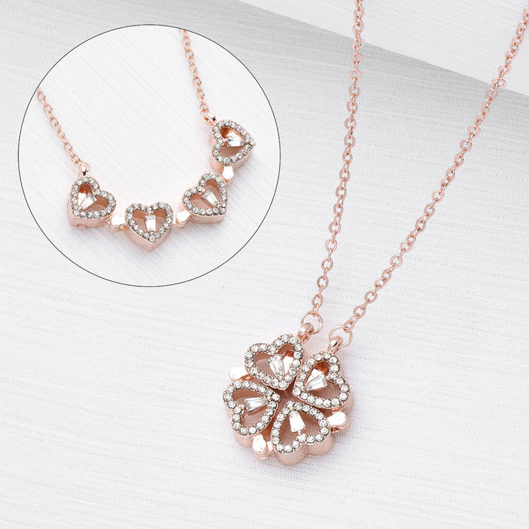 Retro Magnetic Folding Heart Shaped Four Leaf Clover Pendant Necklace Women Love Clavicle Chain Gifts Openable Choker Jewelry - PULSE MART