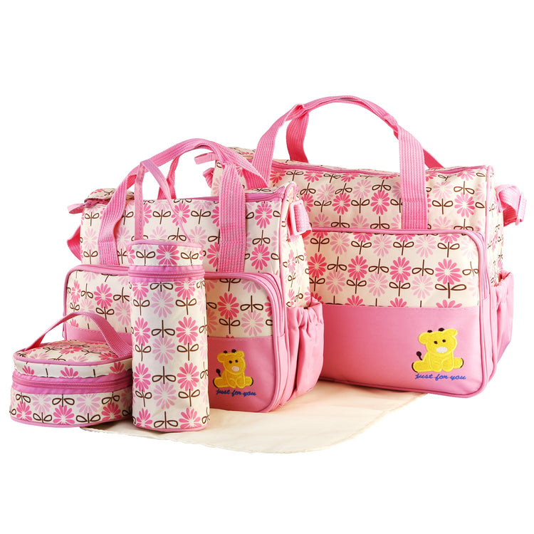 5PCS Per Set Baby Nappy Diaper Bags Set Mummy Diaper Shoulder Bags WithNappy Changing Pad Insulated Pockets Travel Tote Bags For Mom Dad - PULSE MART