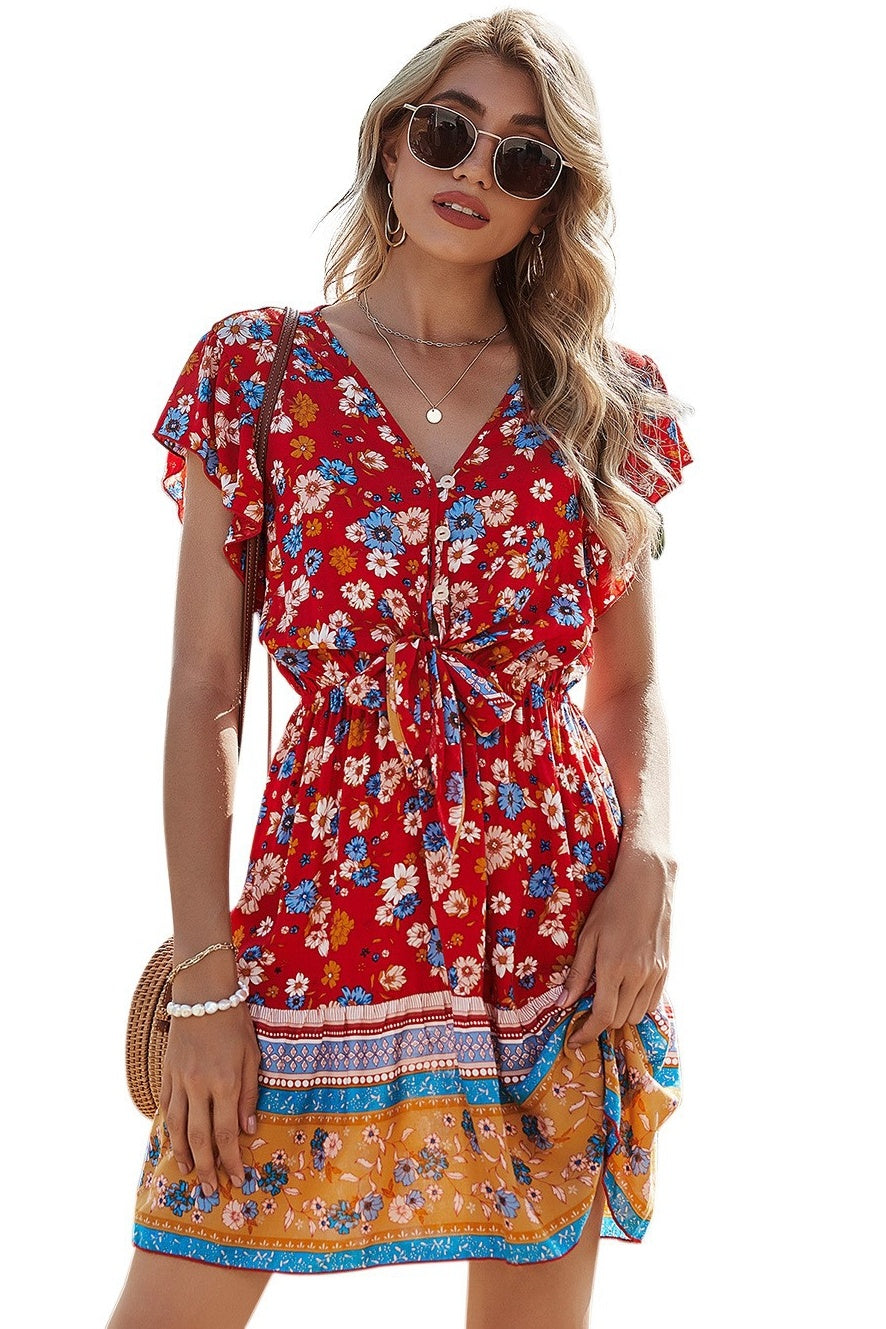 Spring Clothes V-neck Printing Dress Women - PULSE MART