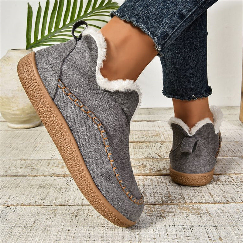 Fashion V-cut Plush Ankle Boots Winter Plus Velvet Flat Snow Boot Casual Warm Solid Suede Cotton Shoes For Women - PULSE MART