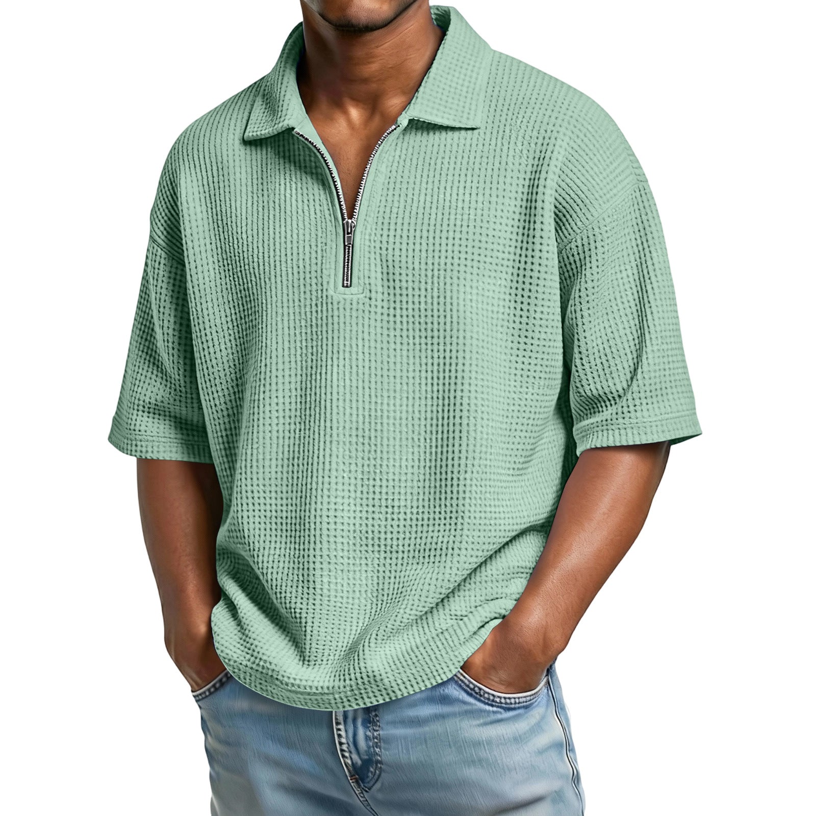 Men's Waffle-Weave Short-Sleeved Shirts Summer Solid Color Lapel Polo Shirt T-Shirt Beach Style Tops - PULSE MART