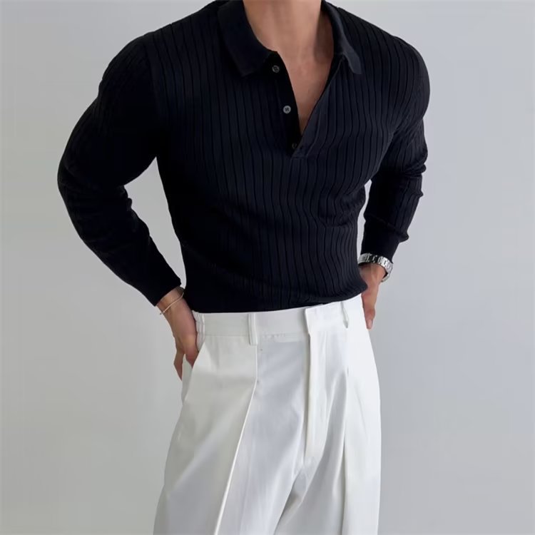 Lapel Button Long Sleeve Polo Shirt Slim Fashion Solid Striped Knitted Bottoming Shirt Top Men's Clothing - PULSE MART