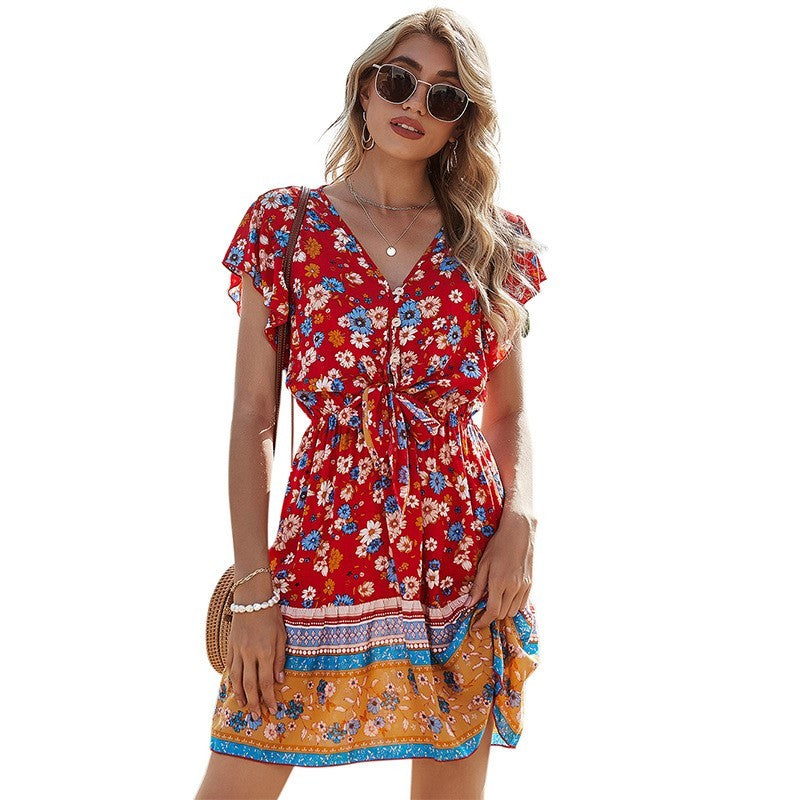 Spring Clothes V-neck Printing Dress Women - PULSE MART