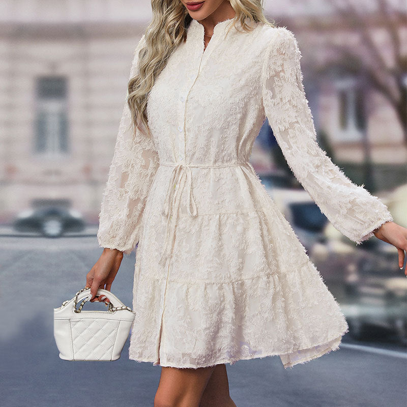 Lace Tied Long Sleeve Dress Fashion Medium Length Dresses Womens Clothing - PULSE MART