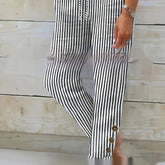 Fashion Striped Cotton Linen Elastic-waist Trousers Decorative Buckle Casual Pants - PULSE MART