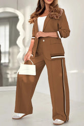 2 Pcs Set Women Suit Coat Pants Suit Lapel Long Sleeves Lady Jacket Wide Leg High Waist Trousers Female Commuting Office Outfit - PULSE MART