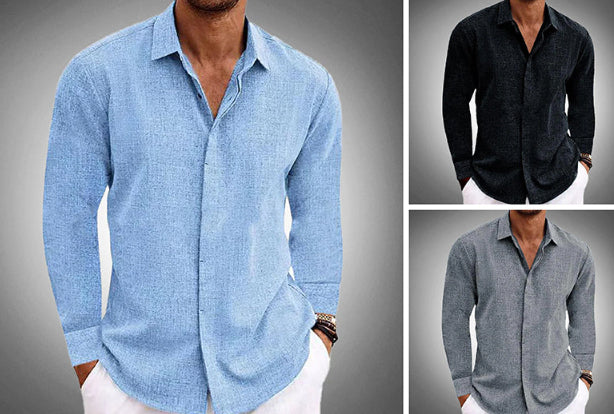 Long Sleeve T-shirt Undershirt Solid Color Long Sleeve Cotton Linen Shirt Men - PULSE MART