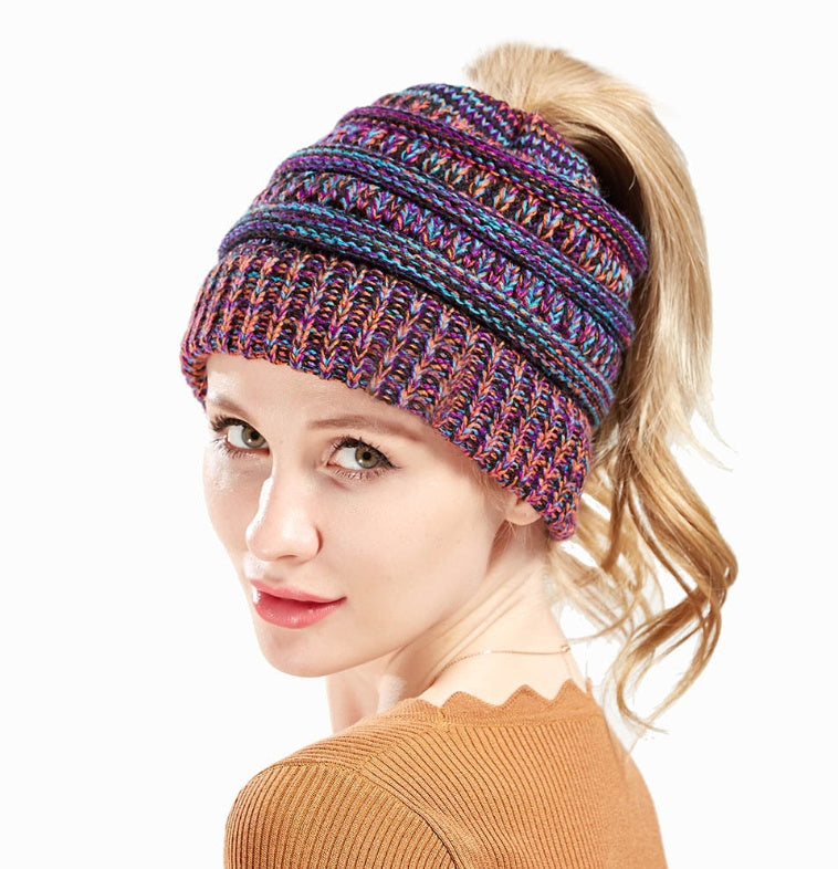 Mixed Color Knitted Wool Hat Ladies Non-labeled Ponytail Hat - PULSE MART