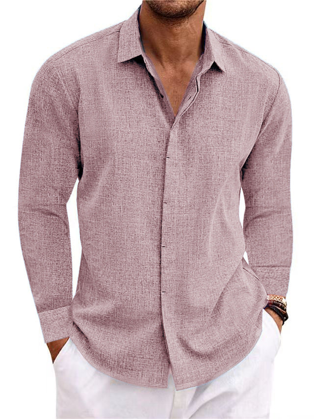 Long Sleeve T-shirt Undershirt Solid Color Long Sleeve Cotton Linen Shirt Men - PULSE MART