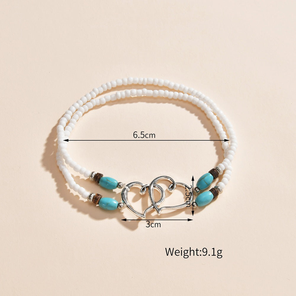 Fashion Vacation Style Alloy Double Heart Bead Turquoise Double Elastic Anklet - PULSE MART