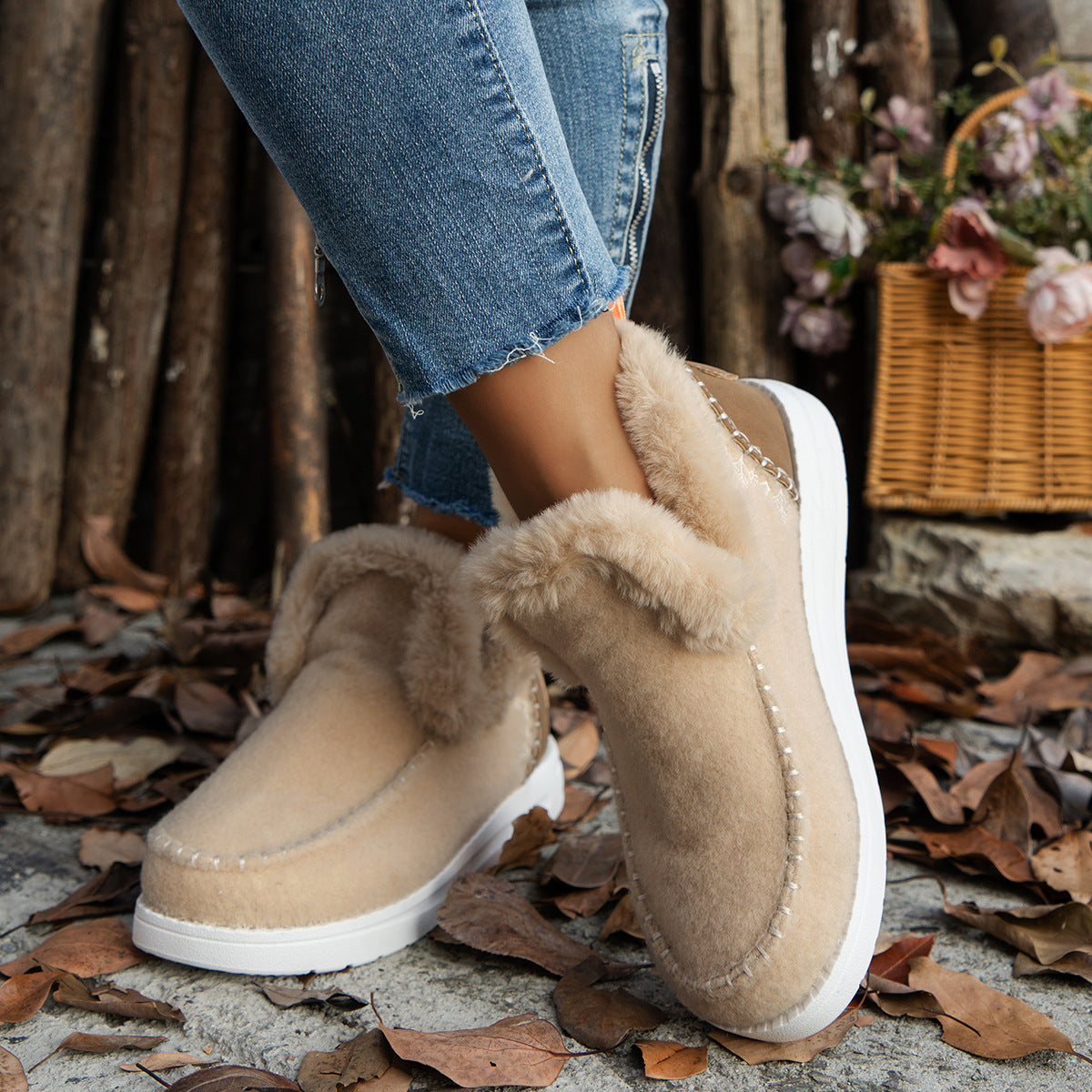 Fleece-lined Thick Plush Boots Warm Sewing Flat Cotton Shoes Winter Ankle Boot - PULSE MART