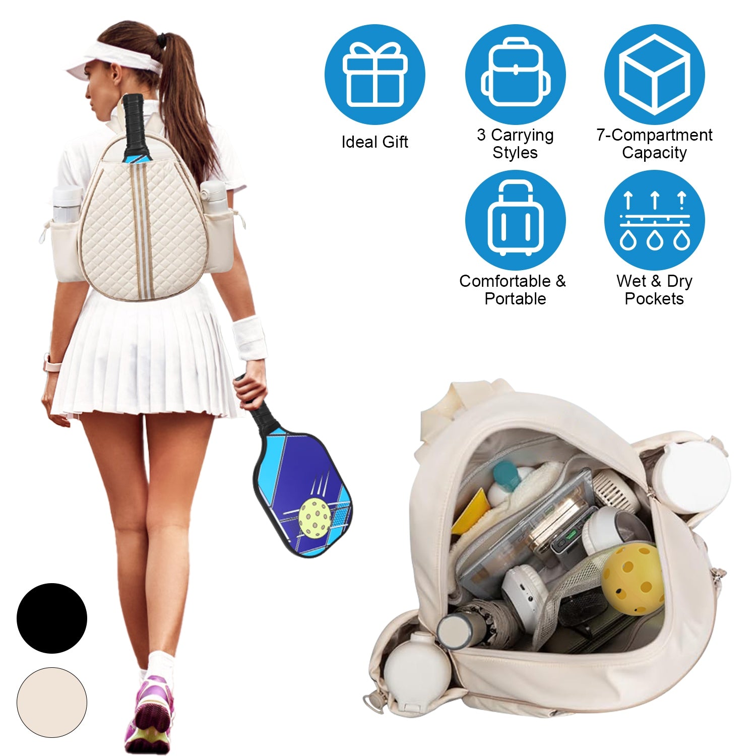 2 Color Options -- Pickleball Sling Bag For Men Women Waterproof Badminton Tennis Backpack With Wet Pocket Hidden Fence Hook Machine Washable - PULSE MART