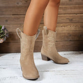 Pointed Toe Western Boots Fashion Retro Embroidered Chunky Square-heeled Mid-calf Boot For Women - PULSE MART