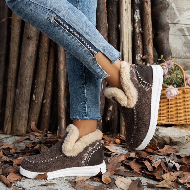 Fleece-lined Thick Plush Boots Warm Sewing Flat Cotton Shoes Winter Ankle Boot - PULSE MART