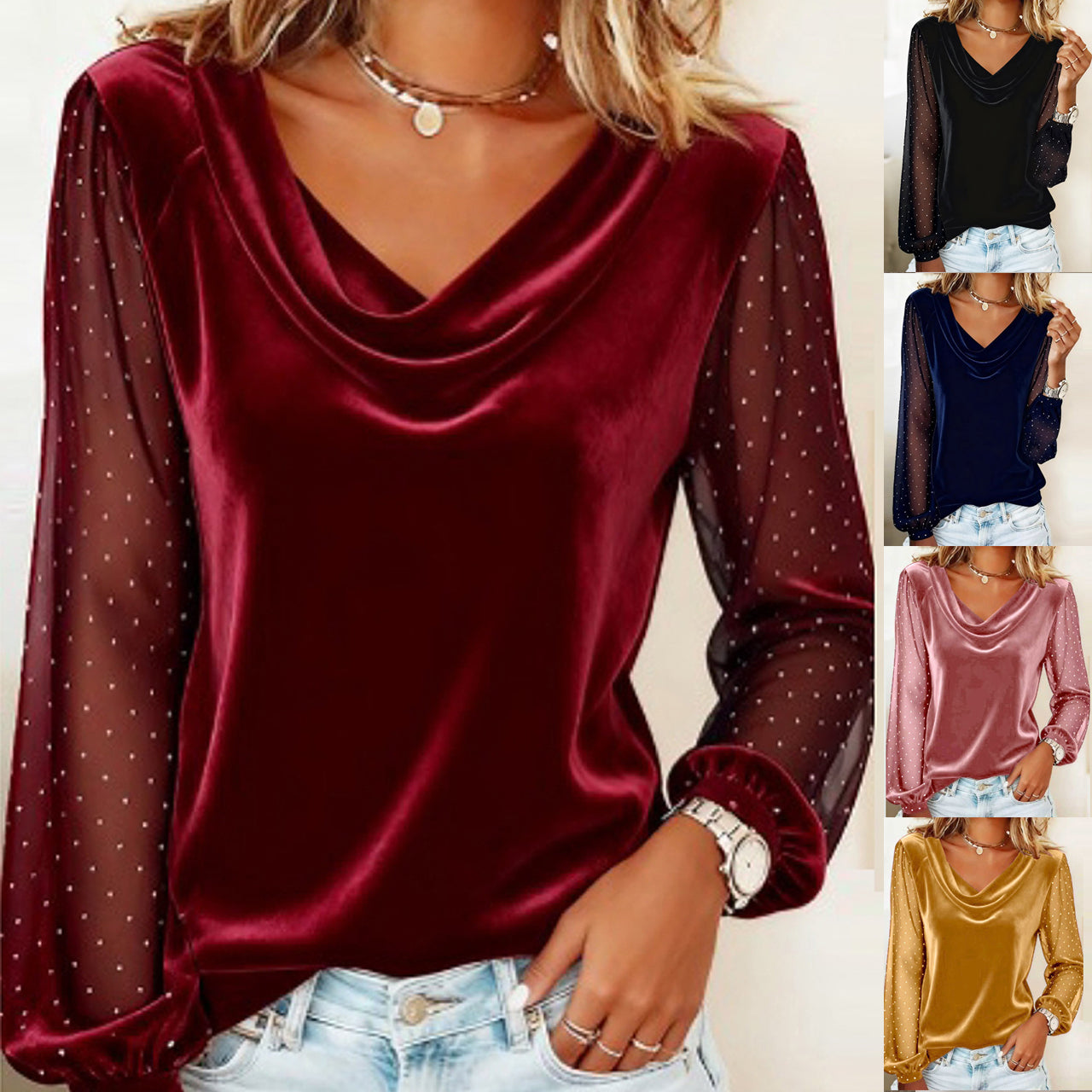 Long Sleeve V-neck Velvet T-Shirt Elegant Diamond Mesh 