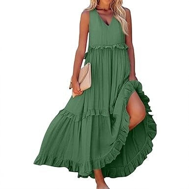 Casual V-neck Pleated Loose Flowy Ruffled Dress - PULSE MART
