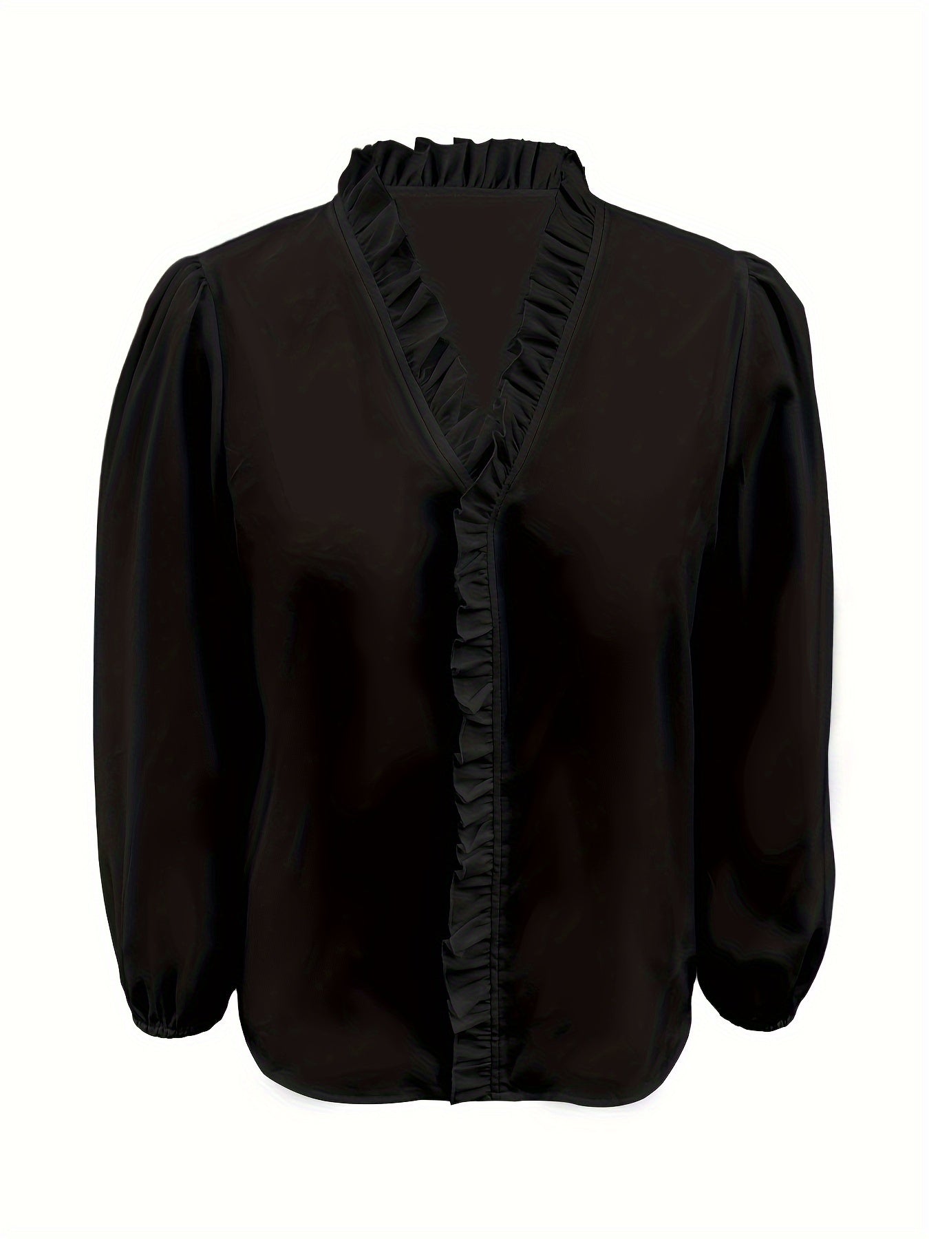 Pure Color Ruffle Hemline Shirt, Casual V-neck Long Sleeve Shirt. - PULSE MART