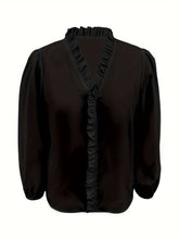 Pure Color Ruffle Hemline Shirt, Casual V-neck Long Sleeve Shirt. - PULSE MART