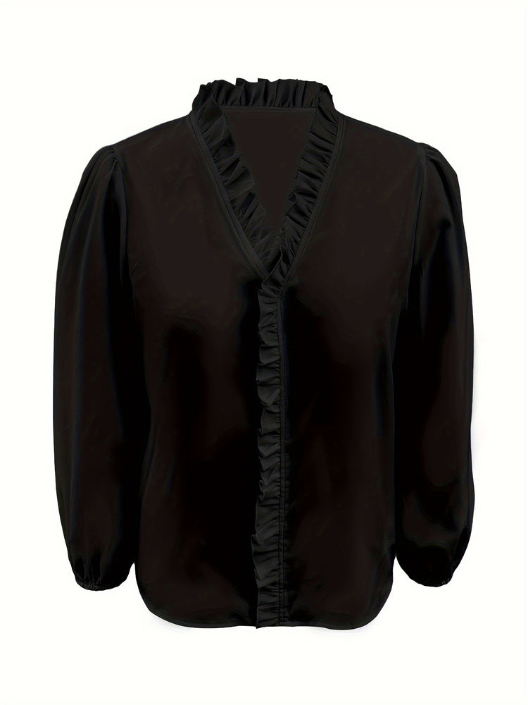 Pure Color Ruffle Hemline Shirt, Casual V-neck Long Sleeve Shirt. - PULSE MART