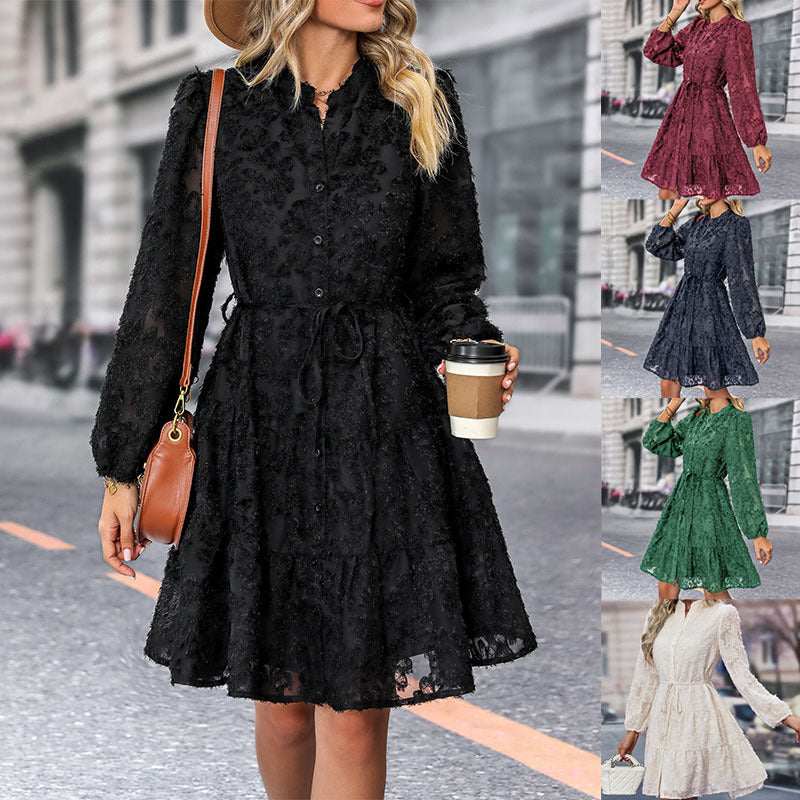 Lace Tied Long Sleeve Dress Fashion Medium Length Dresses Womens Clothing - PULSE MART