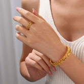 2Pcs Fashion 18k Gold Plated Wheat Ear Leaves Opening Bracelet Ring Set Suitable For Women&