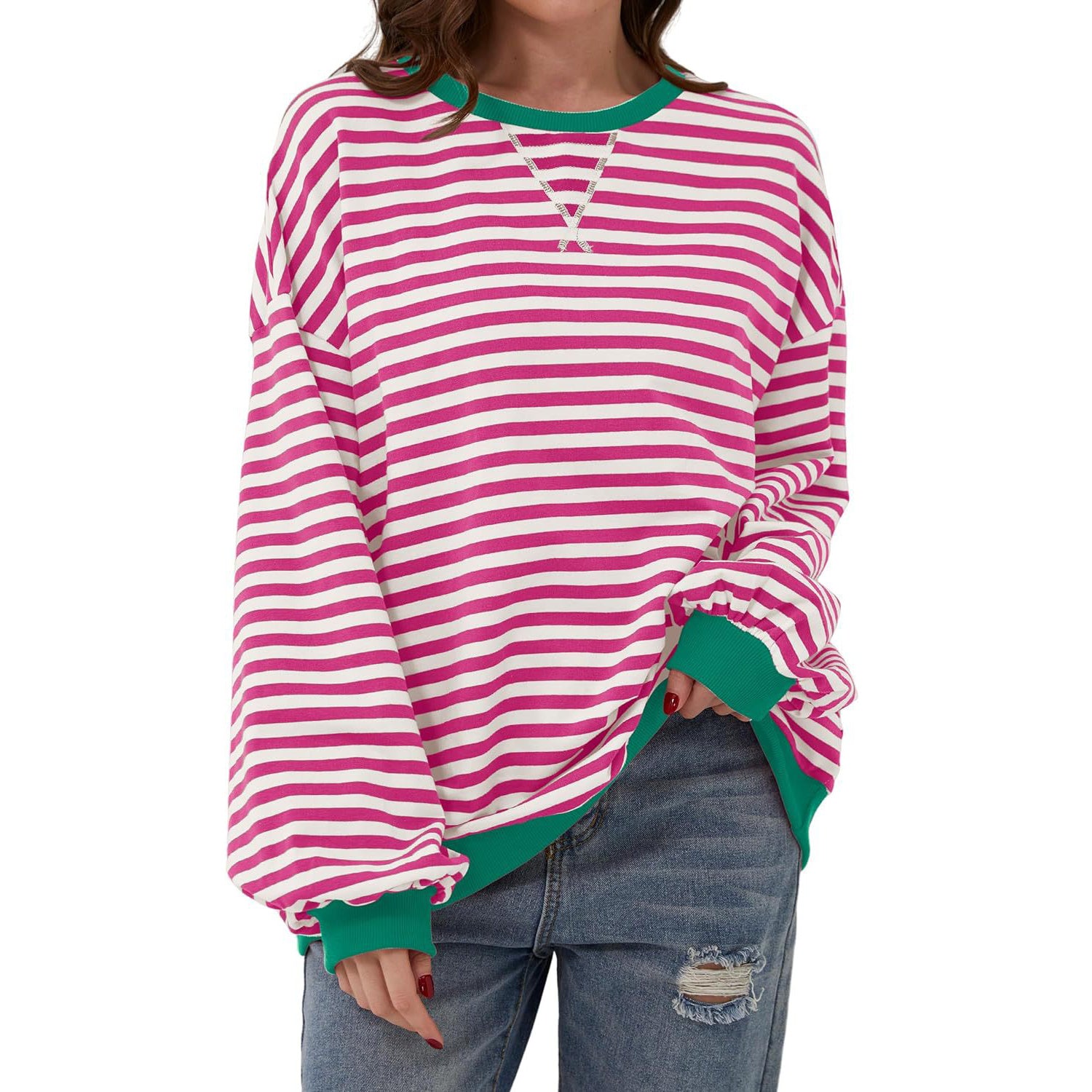Loose Striped Long Sleeve T-shirt Casual Pullover Sweater For Womens Clothing - PULSE MART