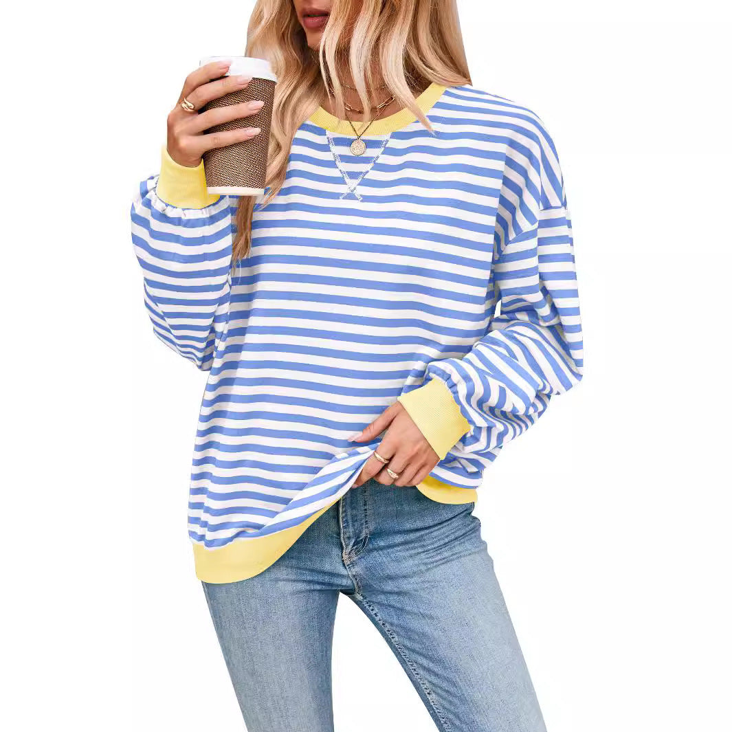 Loose Striped Long Sleeve T-shirt Casual Pullover Sweater For Womens Clothing - PULSE MART