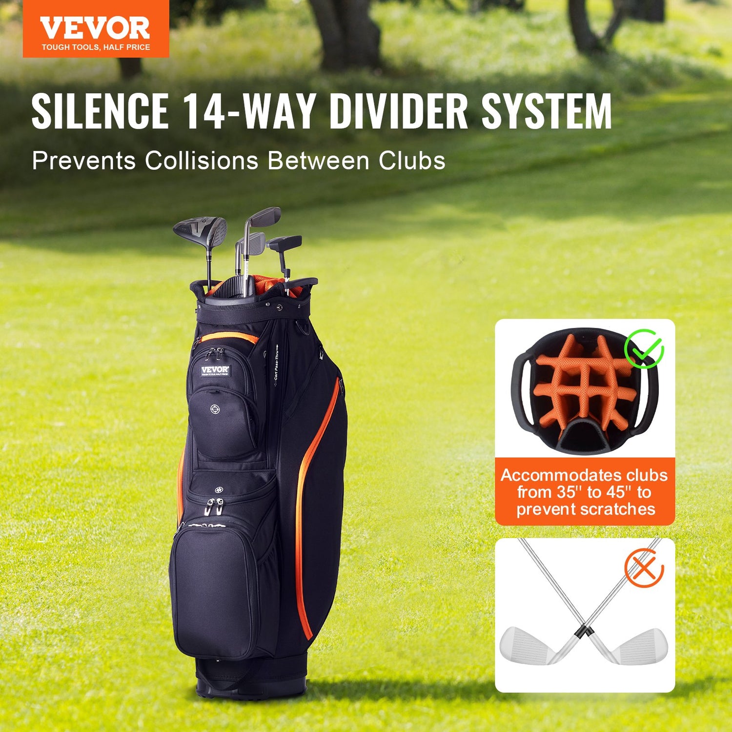 Golf Cart Bag With 14 Way Organizer Divider Top, 36” 13 Pockets Premium Cart Bag, Durable Golf Bags With Handles & Dust Cover & Detachable Straps For Men & Women, Black & Orange - PULSE MART