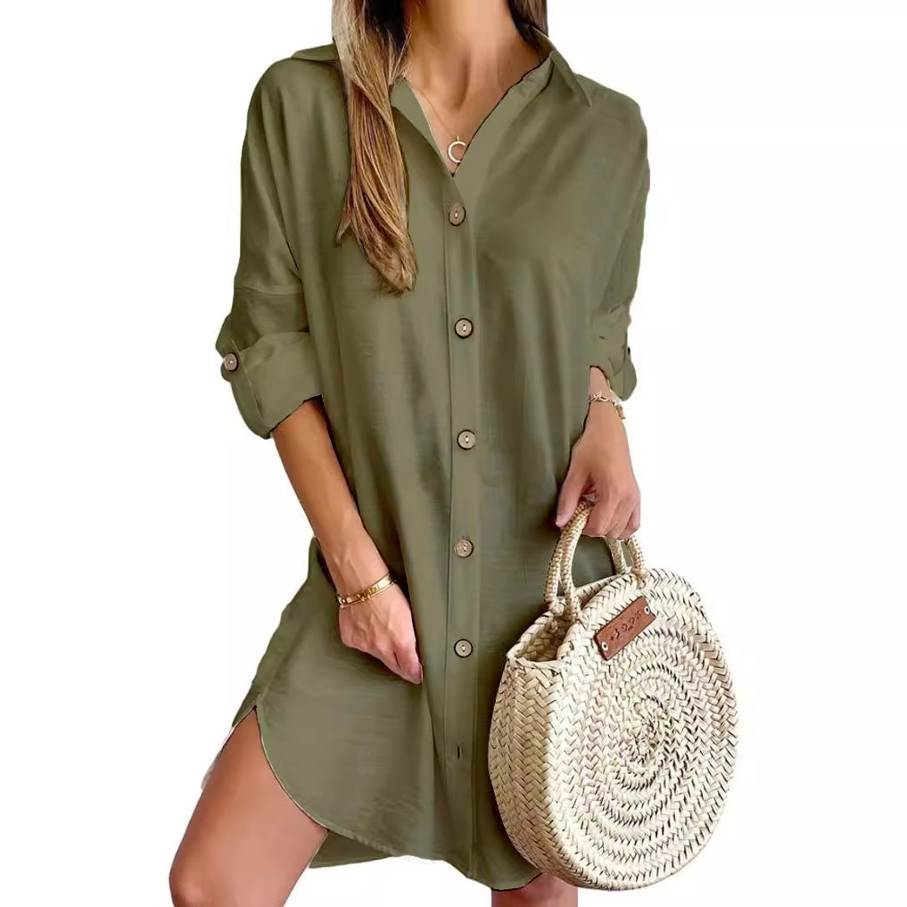 Women's Autumn Long Sleeve Button-Down Shirtdress - PULSE MART