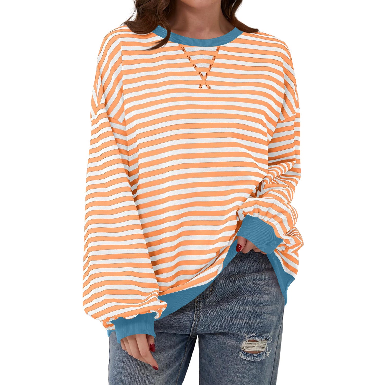 Loose Striped Long Sleeve T-shirt Casual Pullover Sweater For Womens Clothing - PULSE MART