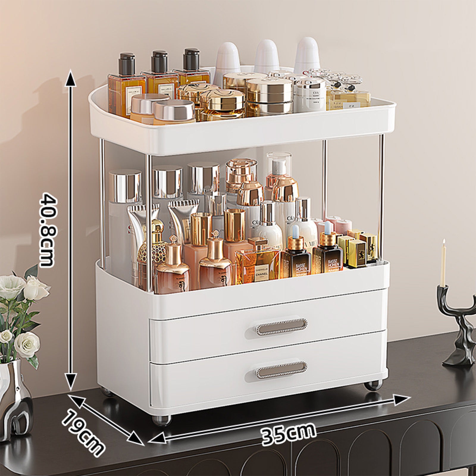 2 Drawers Makeup Organizer - 4 Tier Bathroom Organizers And Storage, Versatile Perfume Vanity Organizer, Ideal For Cosmetic, Large Skincare, Face Mask, Office Supplies - PULSE MART
