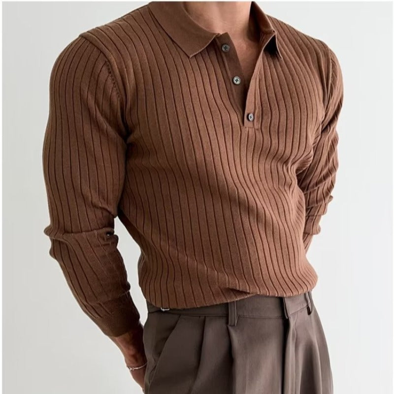 Lapel Button Long Sleeve Polo Shirt Slim Fashion Solid Striped Knitted Bottoming Shirt Top Men's Clothing - PULSE MART