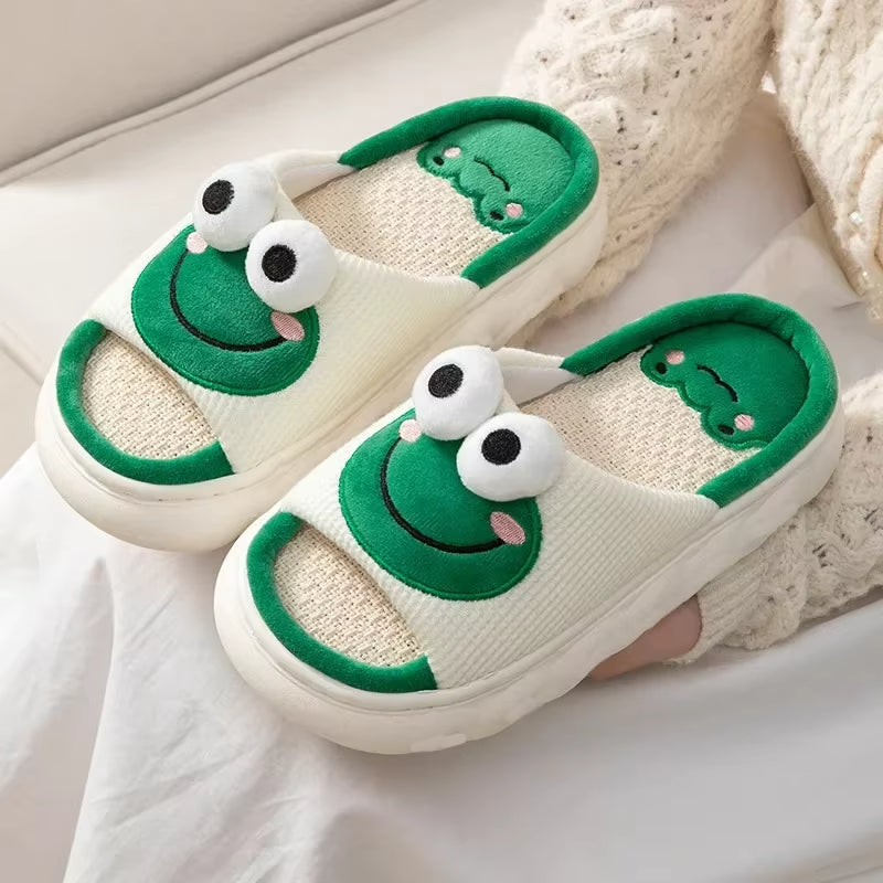 Frog Slippers For Women Men Cartoon Animal Cotton Slippers Fuzzy Plush Slides Winter Warm House Slippers Cartoon Animal Shape Slippers, Womens Four Seasons Home Linen Slippers - PULSE MART