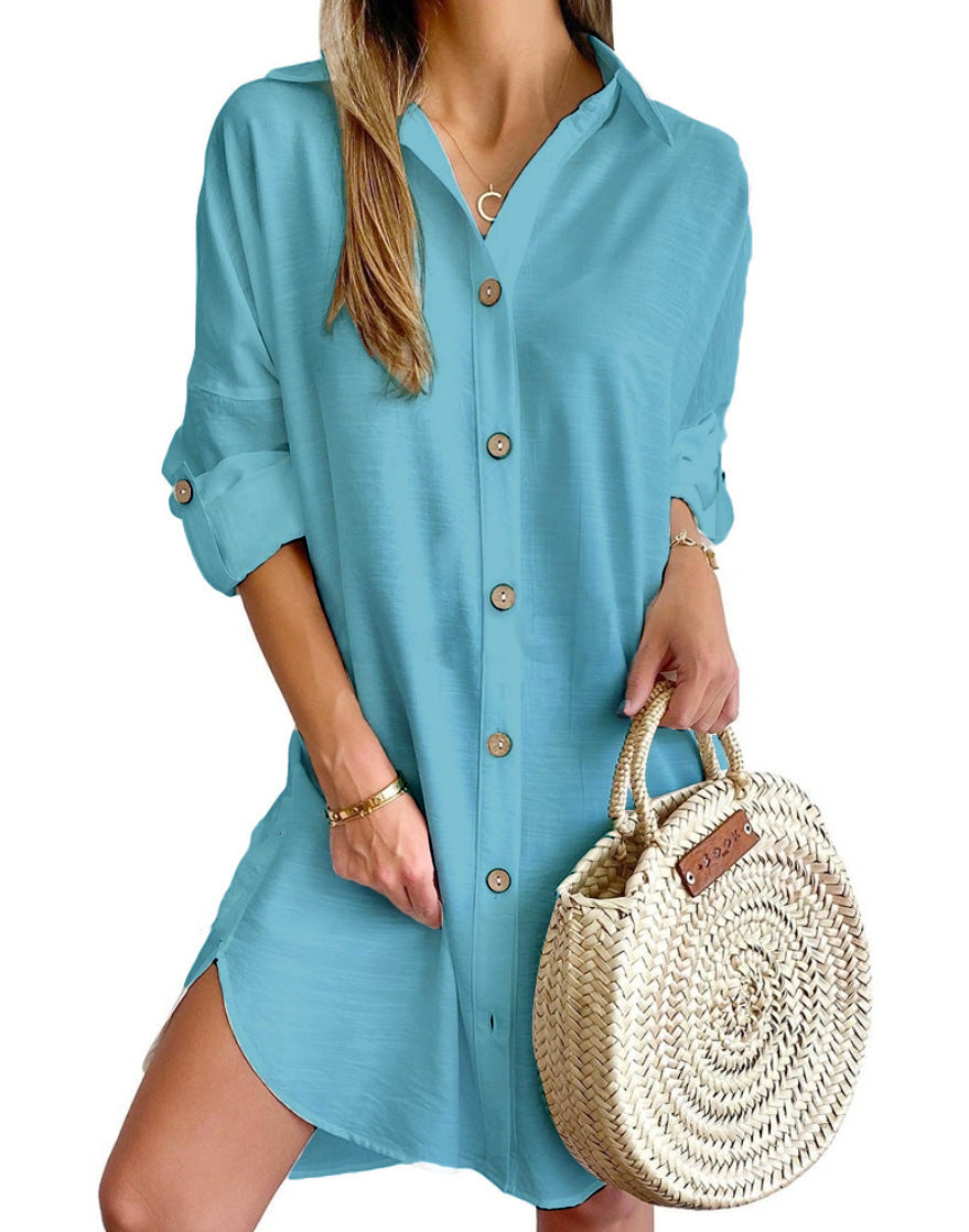 Women's Autumn Long Sleeve Button-Down Shirtdress - PULSE MART