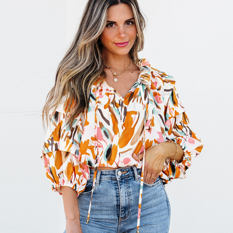 European And American Fashion Colorblock Printed V-neck Chiffon Shirt Women - PULSE MART