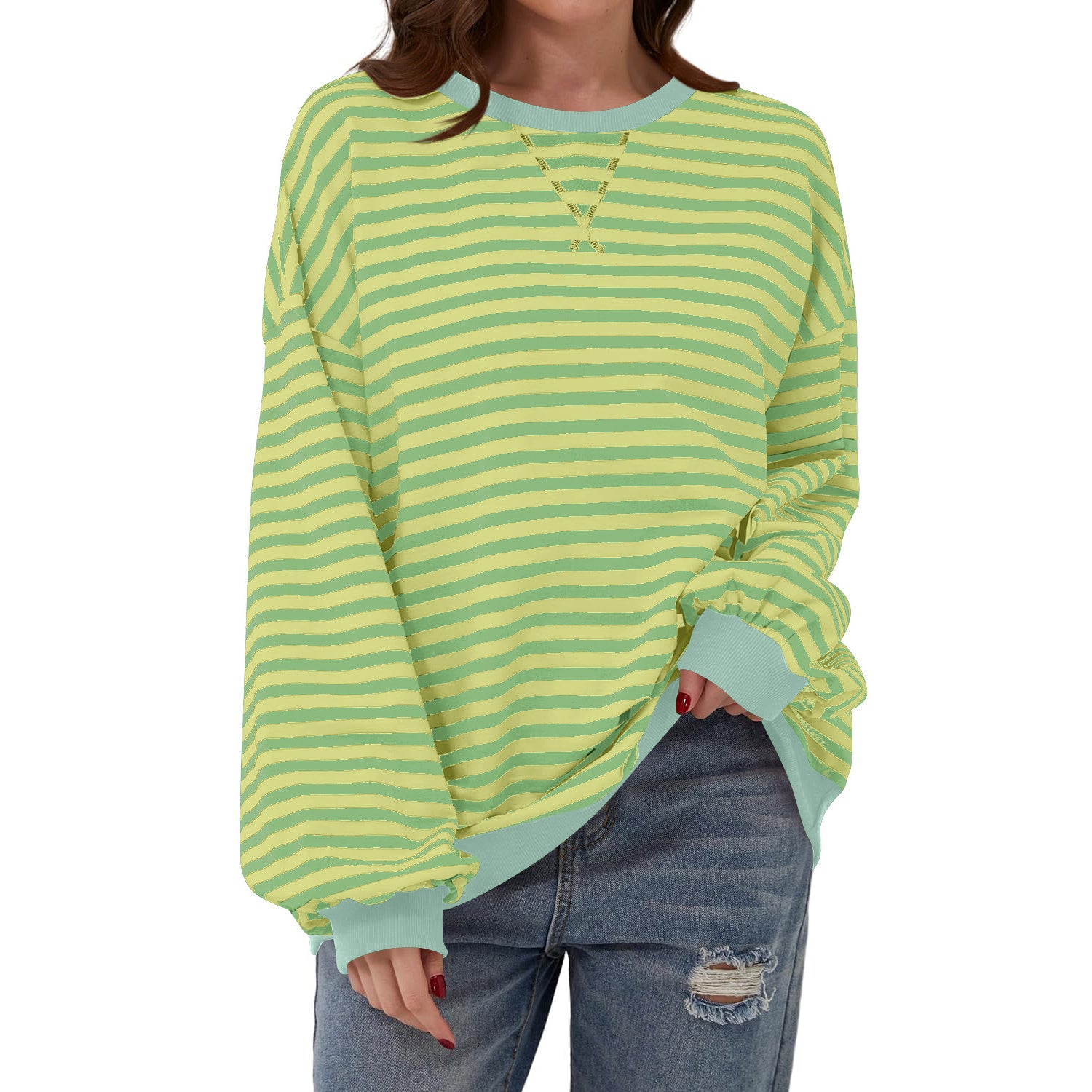 Loose Striped Long Sleeve T-shirt Casual Pullover Sweater For Womens Clothing - PULSE MART