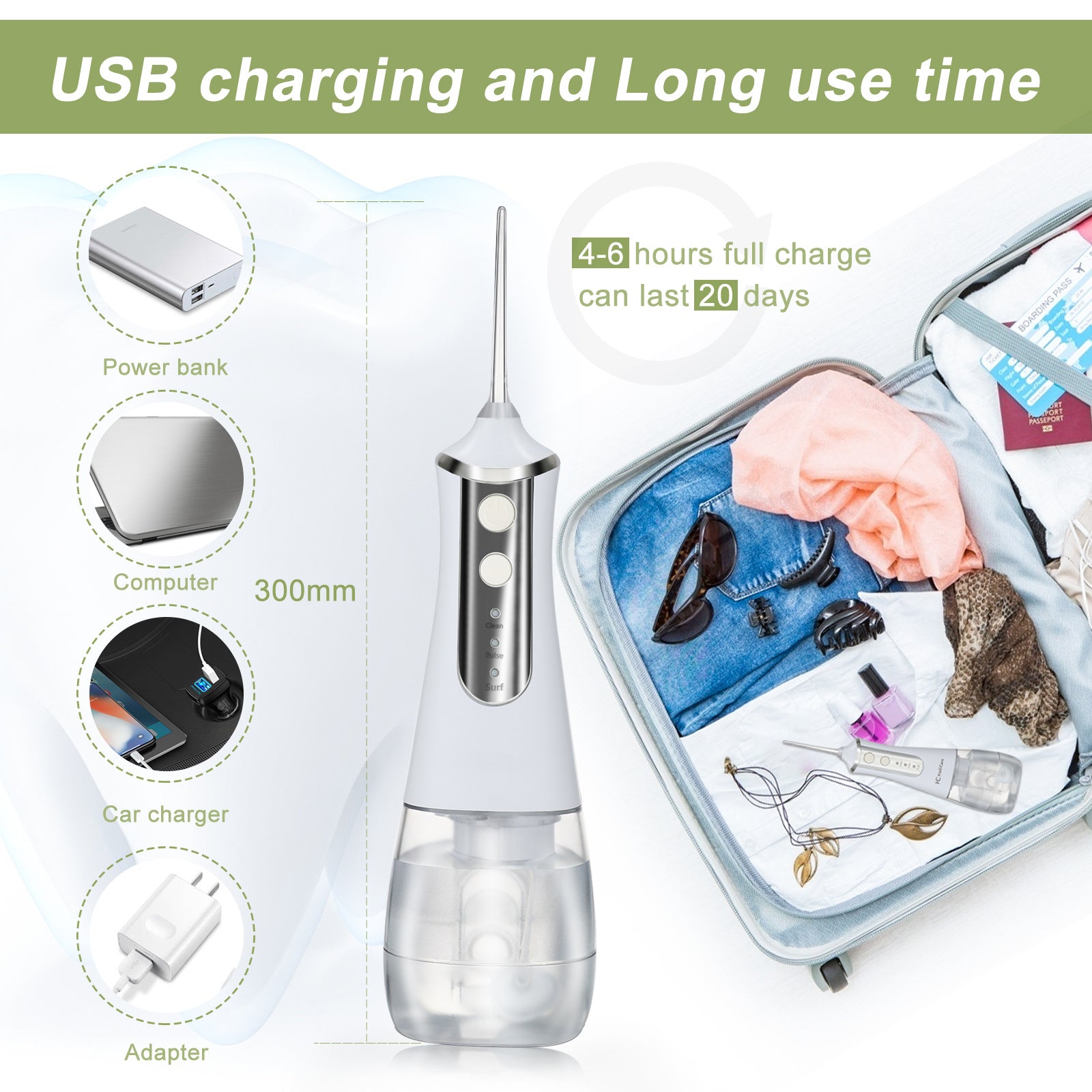 3 Modes Oral Irrigator USB Rechargeable Water Floss Portable Dental Water Flosser Jet 350ml Irrigator Dental Teeth Cleaner 5 Jet - PULSE MART