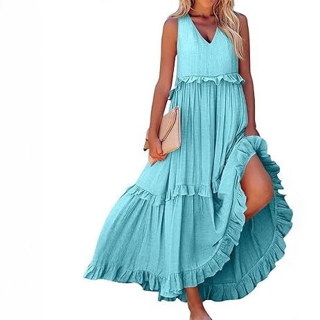 Casual V-neck Pleated Loose Flowy Ruffled Dress - PULSE MART
