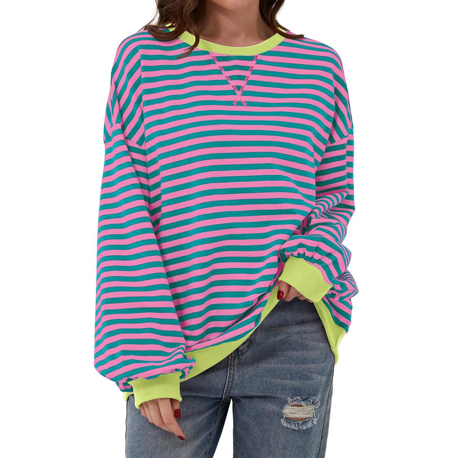 Loose Striped Long Sleeve T-shirt Casual Pullover Sweater For Womens Clothing - PULSE MART