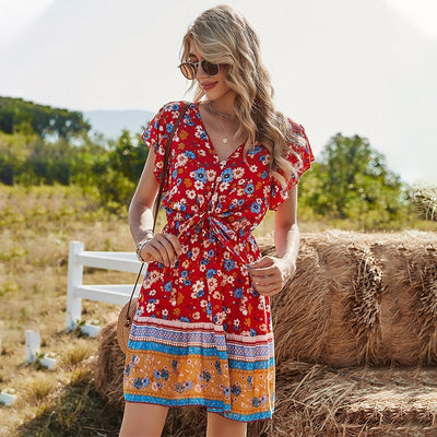Spring Clothes V-neck Printing Dress Women - PULSE MART