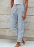  Striped Cotton Linen Elastic-waist Trousers Buckle Casual