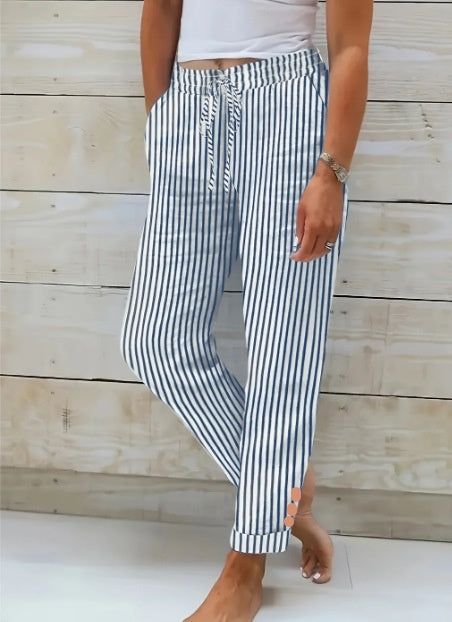  Striped Cotton Linen Elastic-waist Trousers Buckle Casual