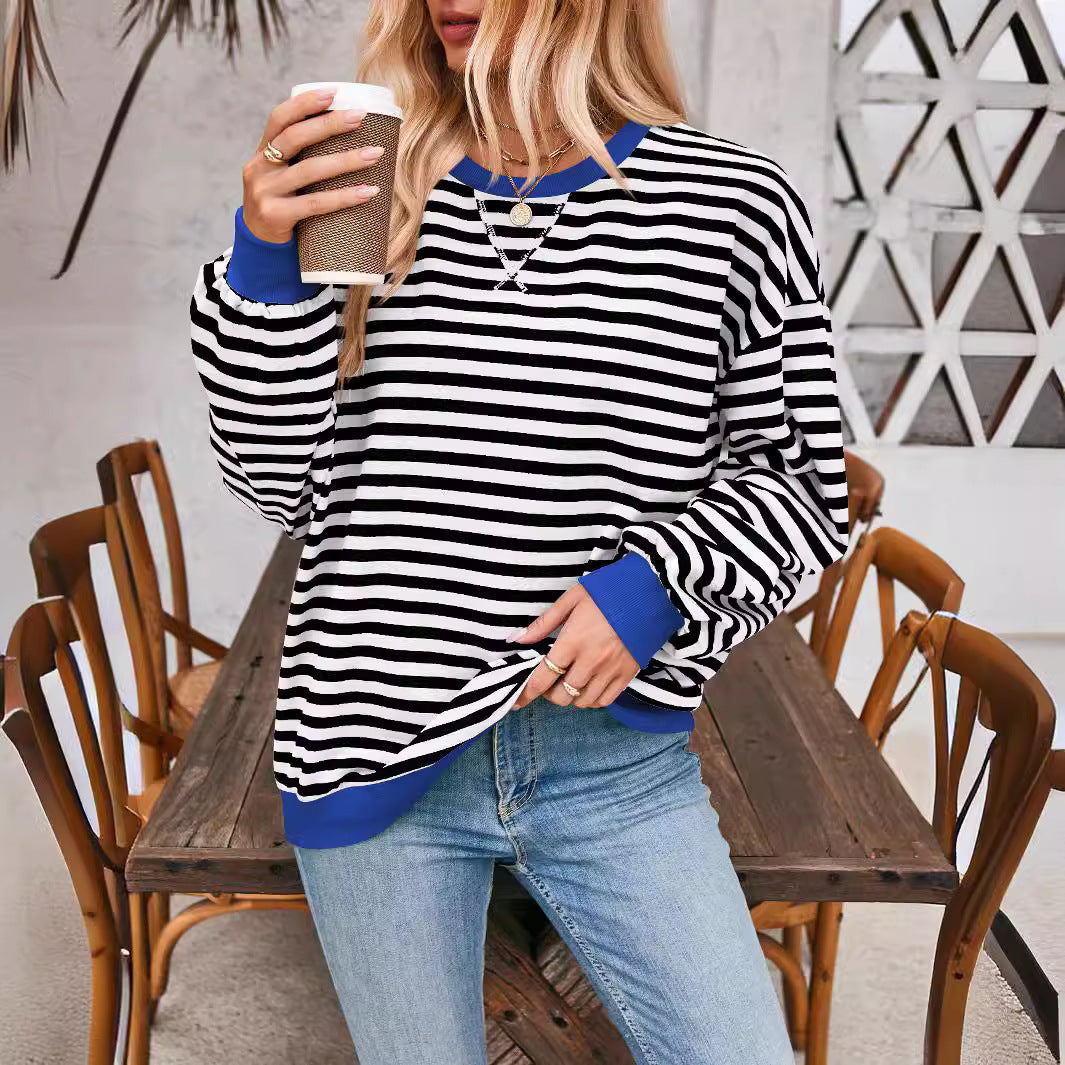 Loose Striped Long Sleeve T-shirt Casual Pullover Sweater For Womens Clothing - PULSE MART