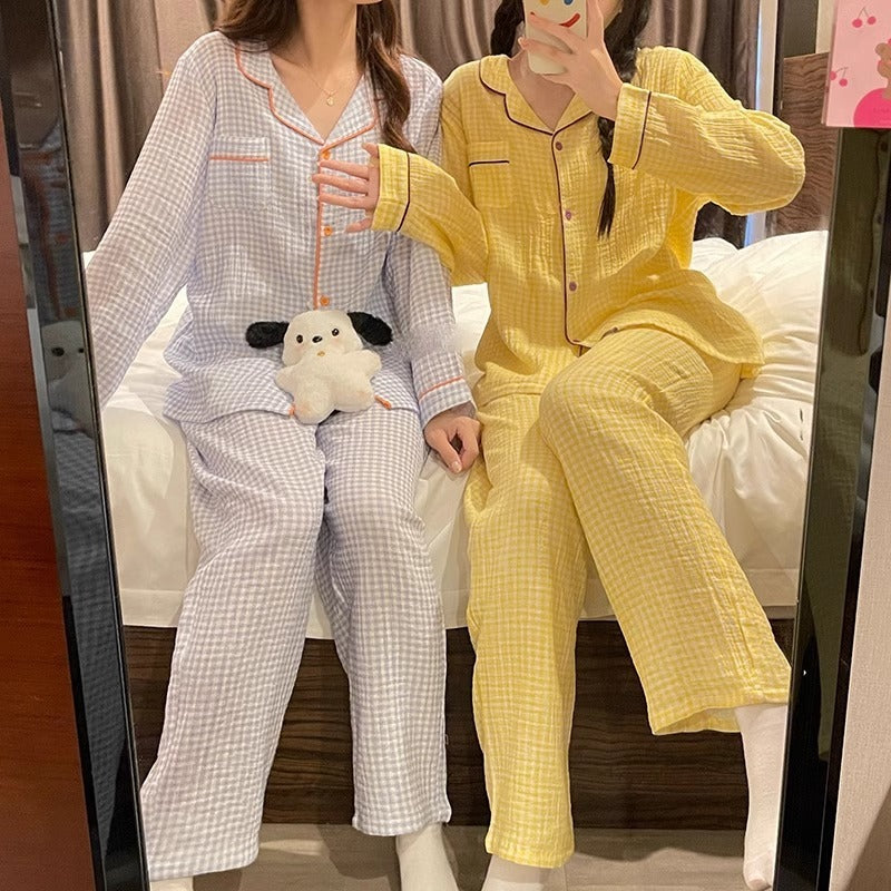 Yellow Plaid Long Sleeve Couple Simple Homewear Suit - PULSE MART