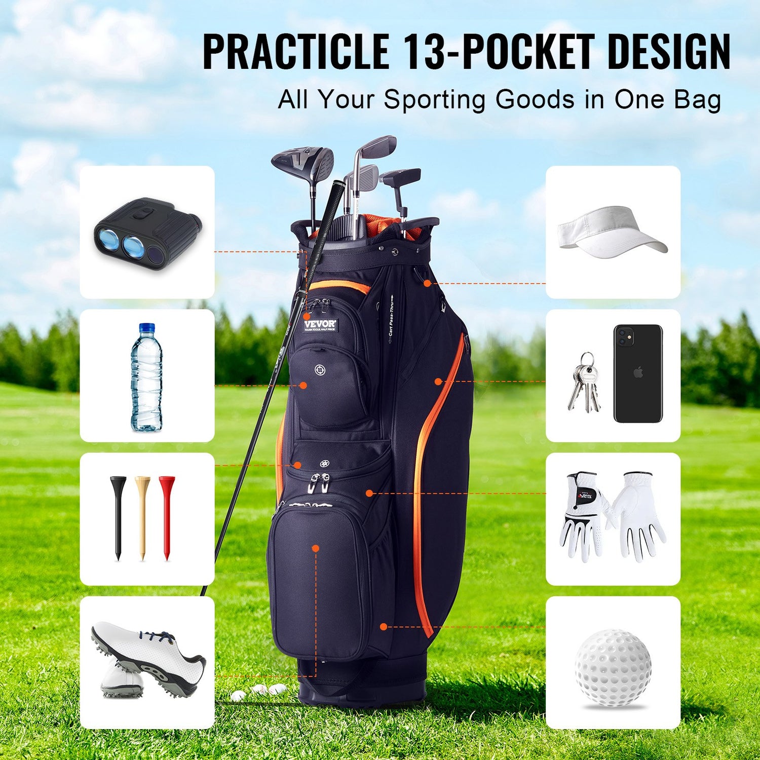 Golf Cart Bag With 14 Way Organizer Divider Top, 36” 13 Pockets Premium Cart Bag, Durable Golf Bags With Handles & Dust Cover & Detachable Straps For Men & Women, Black & Orange - PULSE MART